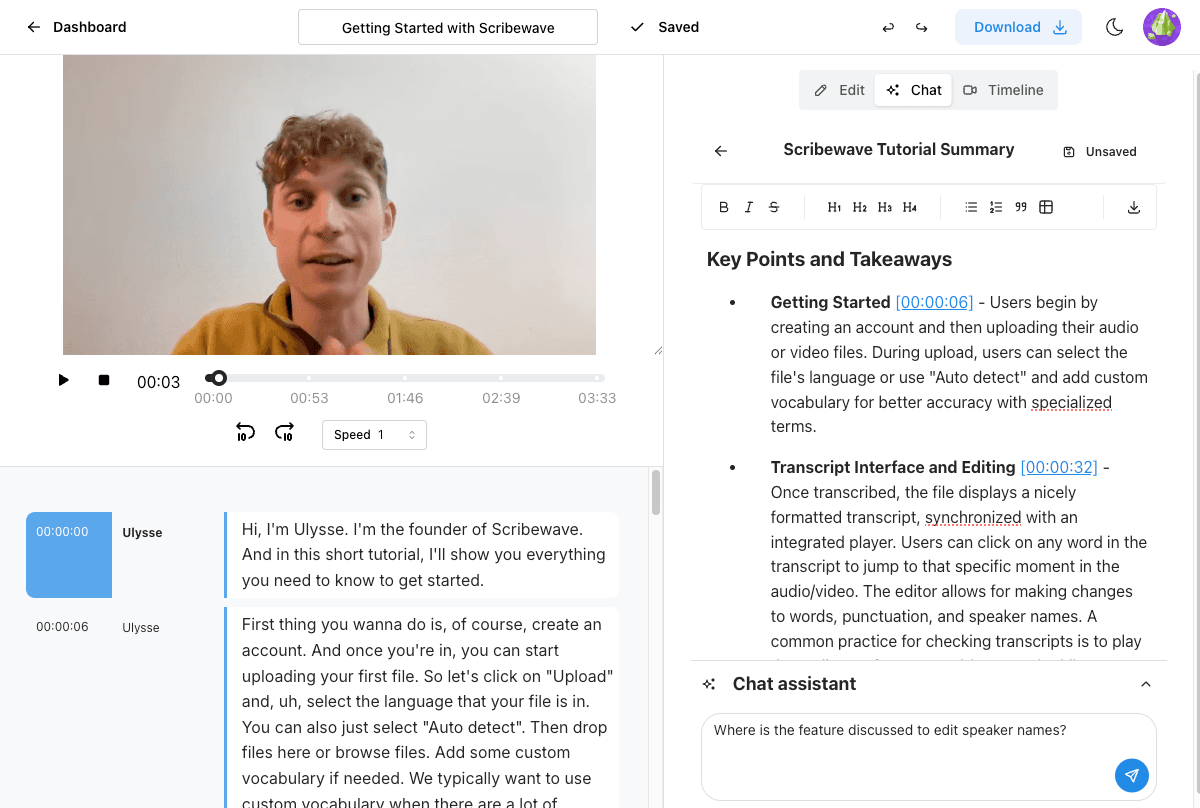 Scribewave AI Assistant interface showing chat with transcript analysis