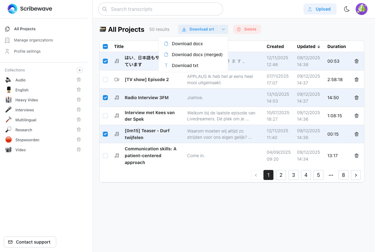 Screenshot of Scribewave feature: Export