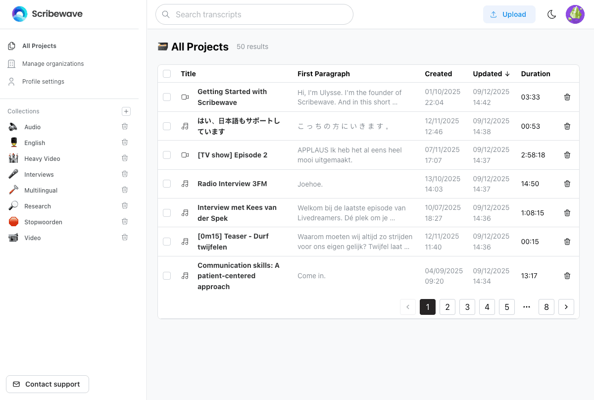 Screenshot of Scribewave feature: Transcribe