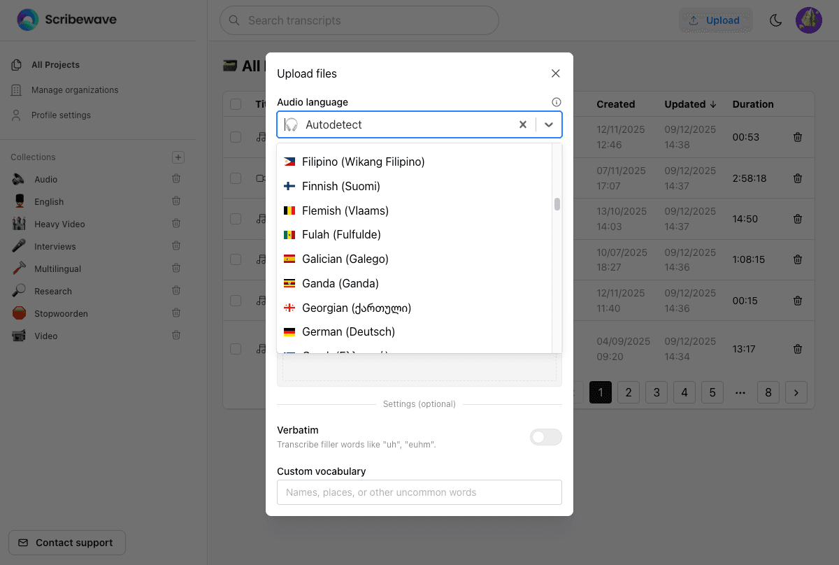 Screenshot of Scribewave feature: Upload